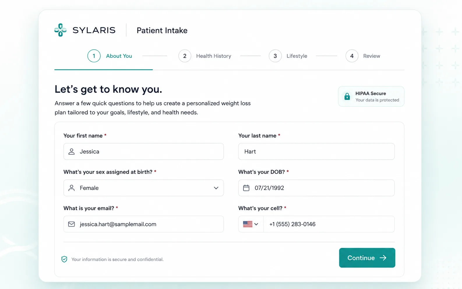 Patient intake form asking for name, date of birth, contact details and health history.