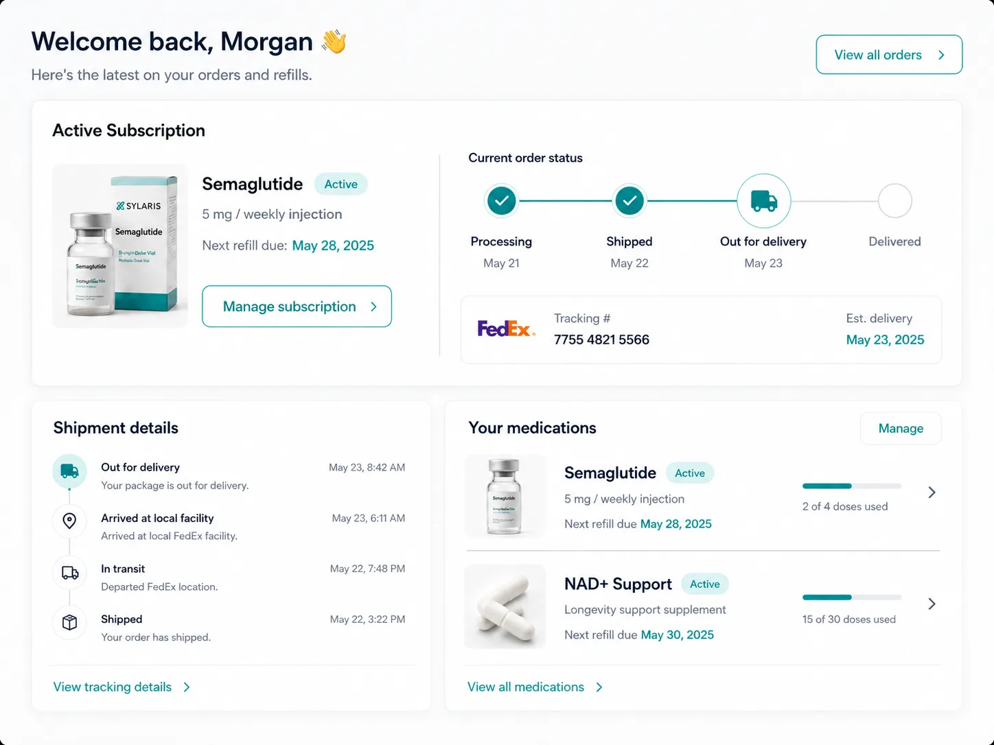 White-labeled patient portal showing an active subscription, delivery status and current medications.